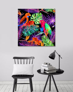 Pine Stretched  Framed 1 Panel - Watercolor - Parrot birds in neon