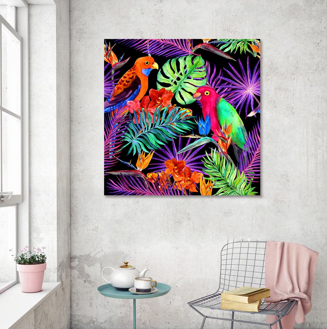 Pine Stretched  Framed 1 Panel - Watercolor - Parrot birds in neon