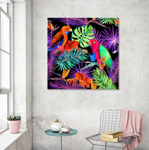 Pine Stretched  Framed 1 Panel - Watercolor - Parrot birds in neon