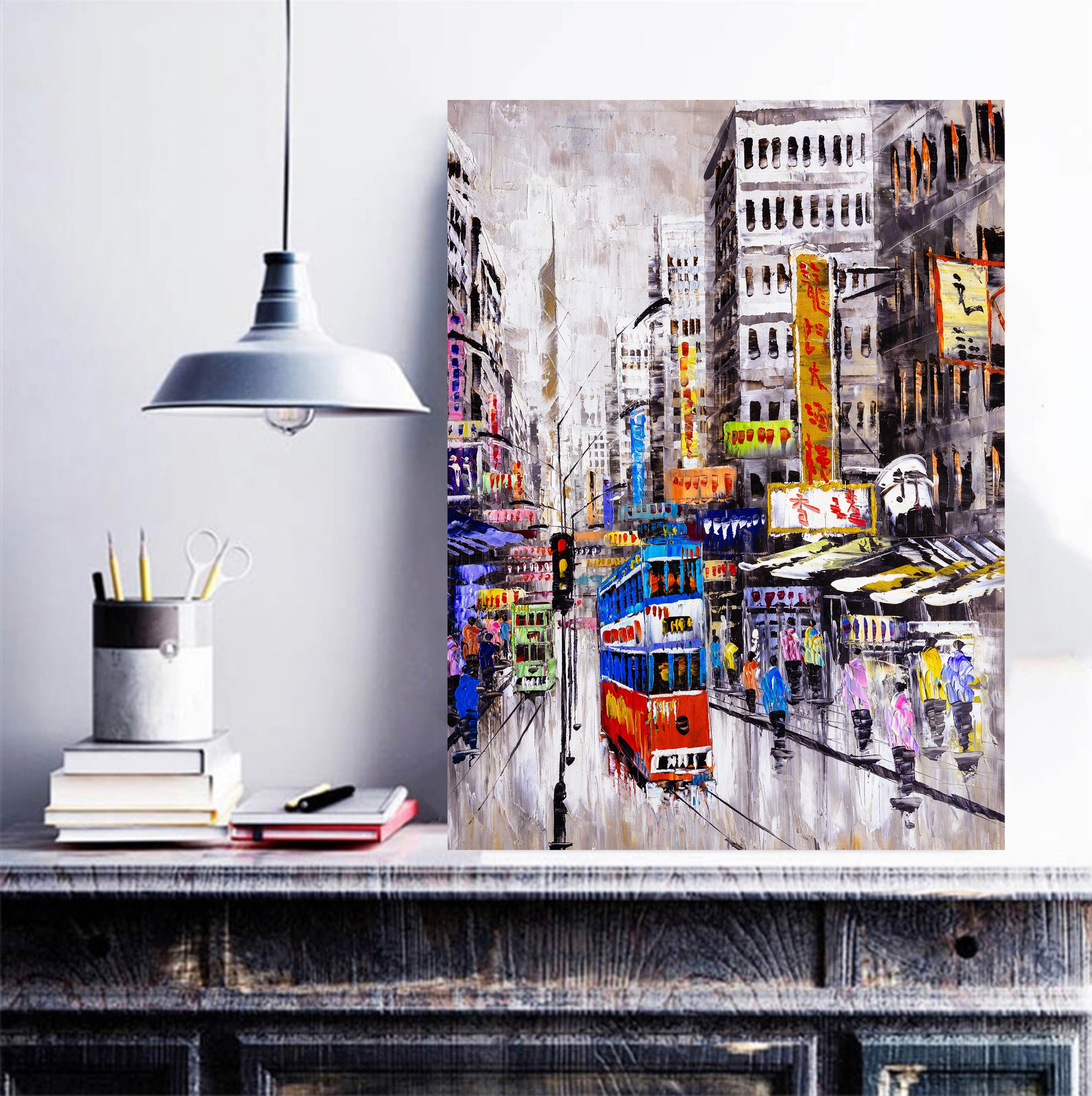 Pine Stretched  Framed 1 Panel - Street View of Hong Kong