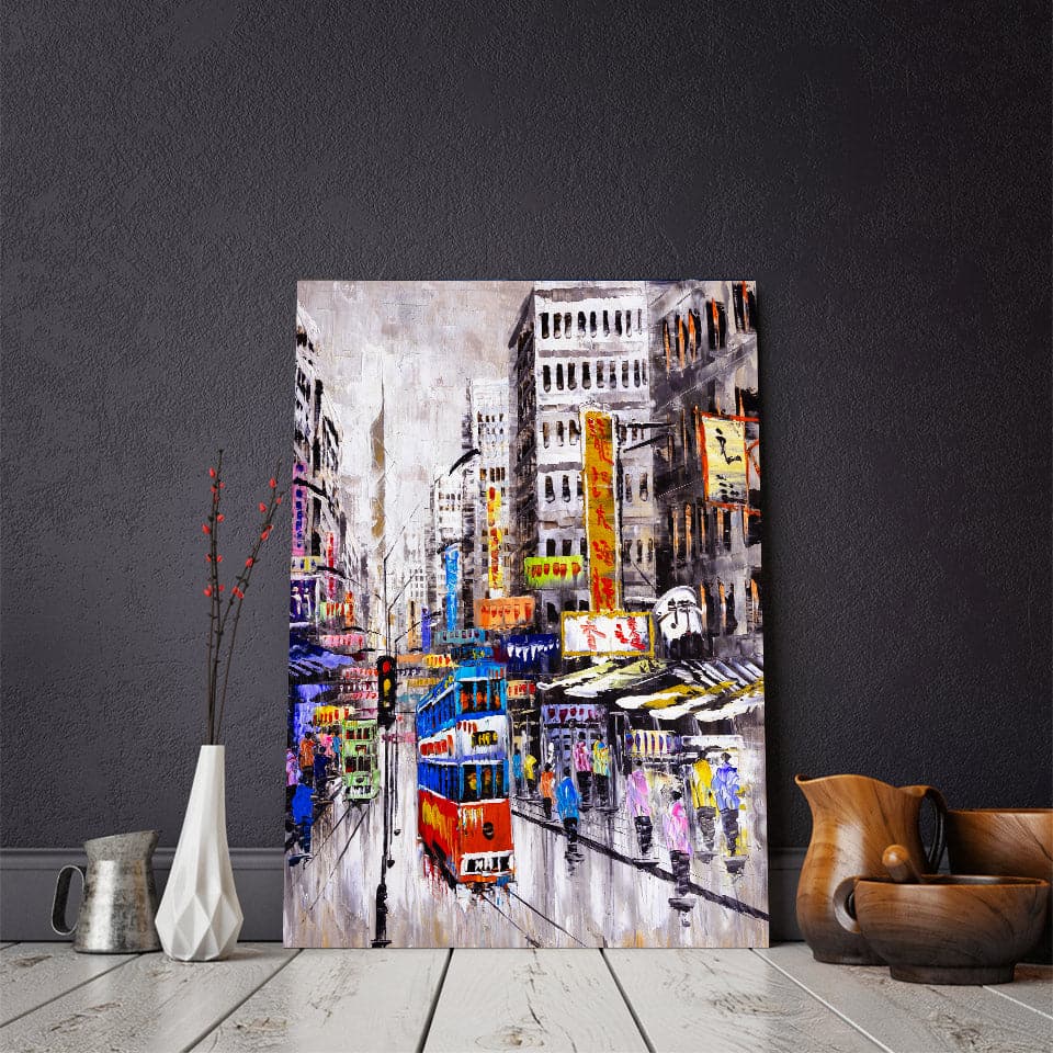 Pine Stretched  Framed 1 Panel - Street View of Hong Kong