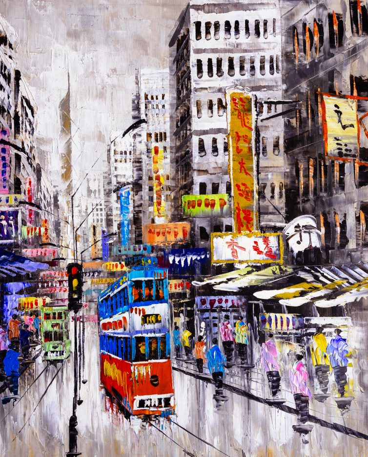 Pine Stretched  Framed 1 Panel - Street View of Hong Kong