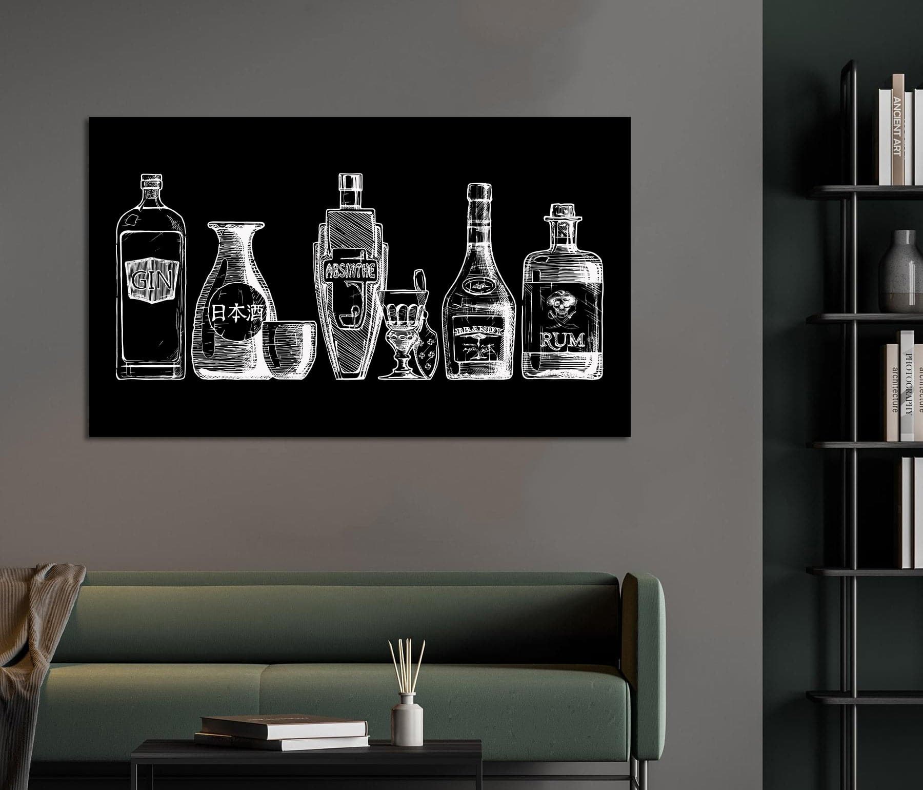 Pine Stretched  Framed 1 Panel - Bottles of alcohol