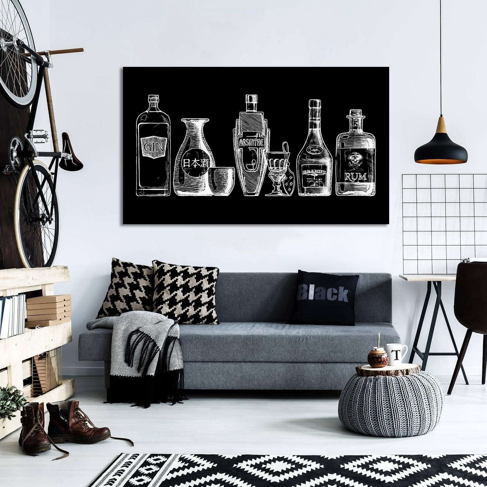 Pine Stretched  Framed 1 Panel - Bottles of alcohol
