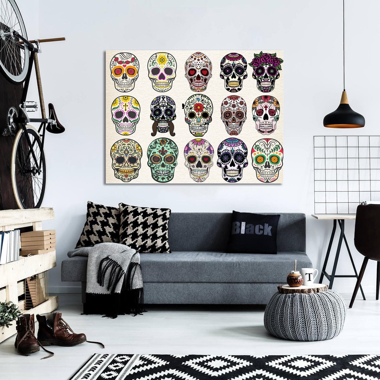 Pine Stretched  Framed 1 Panel - Sugar Skulls Set