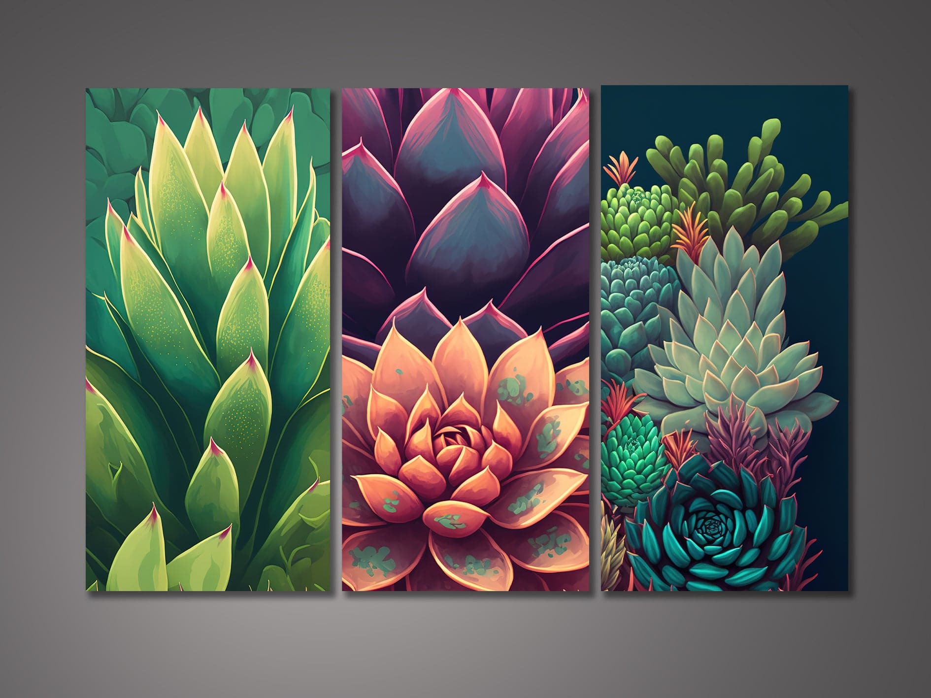 Pine Stretched  Framed 3 Panels  - Succulents