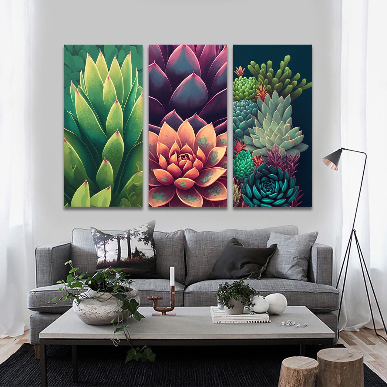 Pine Stretched  Framed 3 Panels  - Succulents