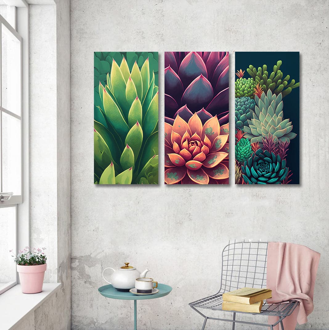 Pine Stretched  Framed 3 Panels  - Succulents