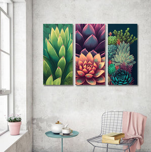 Pine Stretched  Framed 3 Panels  - Succulents