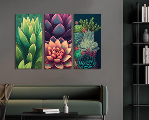 Pine Stretched  Framed 3 Panels  - Succulents