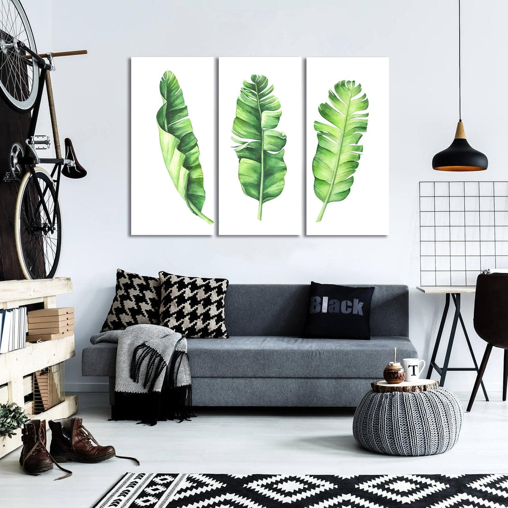 Pine Stretched  Framed 3 Panels  - Tropical Banana Leaves Set