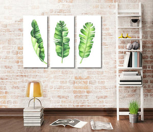 Pine Stretched  Framed 3 Panels  - Tropical Banana Leaves Set