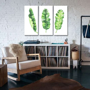 Pine Stretched  Framed 3 Panels  - Tropical Banana Leaves Set