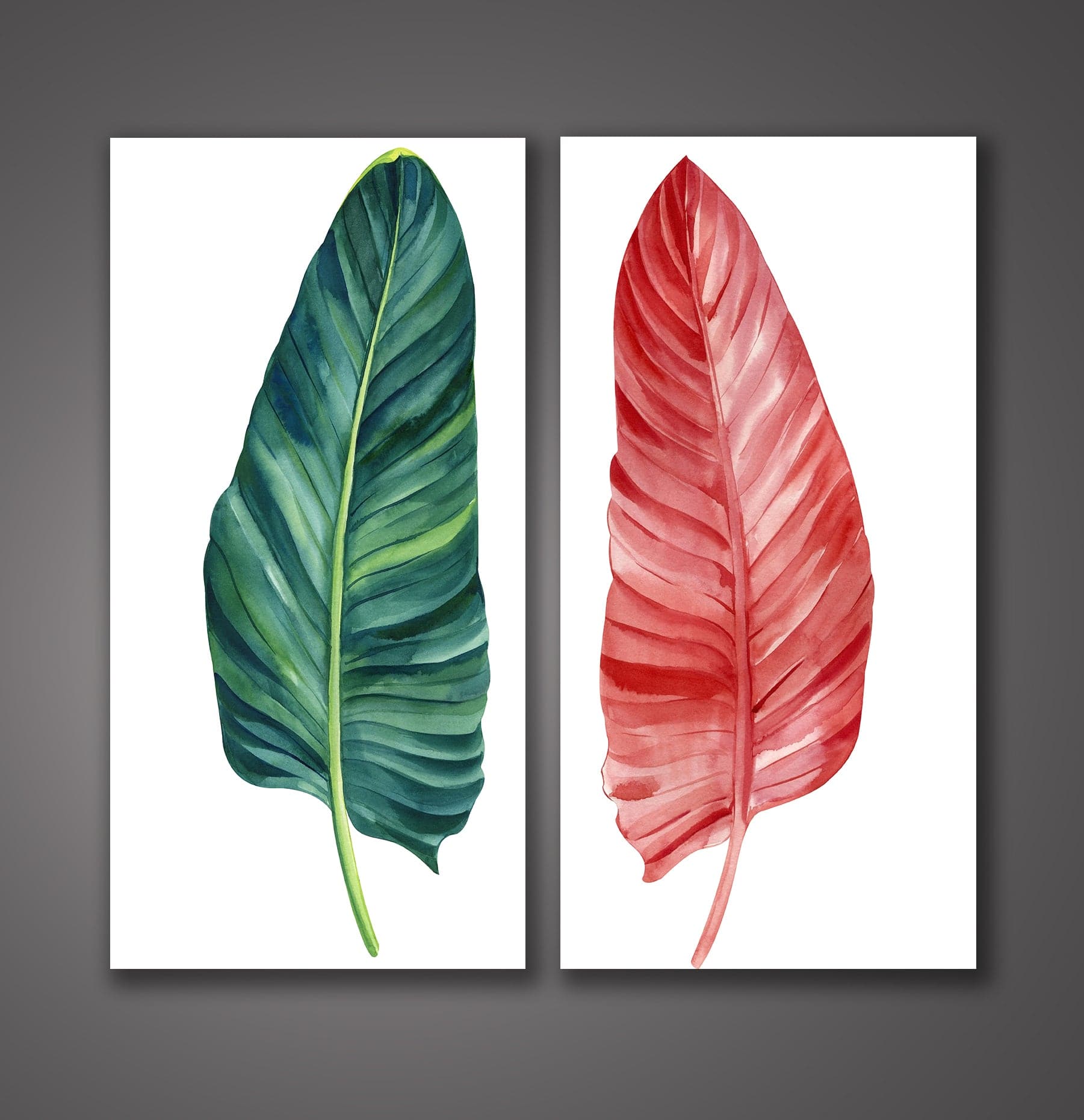 Framed 2 Panels - Red and Green Tropical Plant Leaves