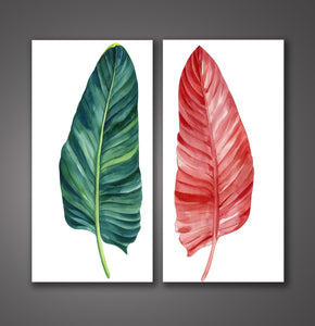 Framed 2 Panels - Red and Green Tropical Plant Leaves