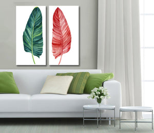 Framed 2 Panels - Red and Green Tropical Plant Leaves