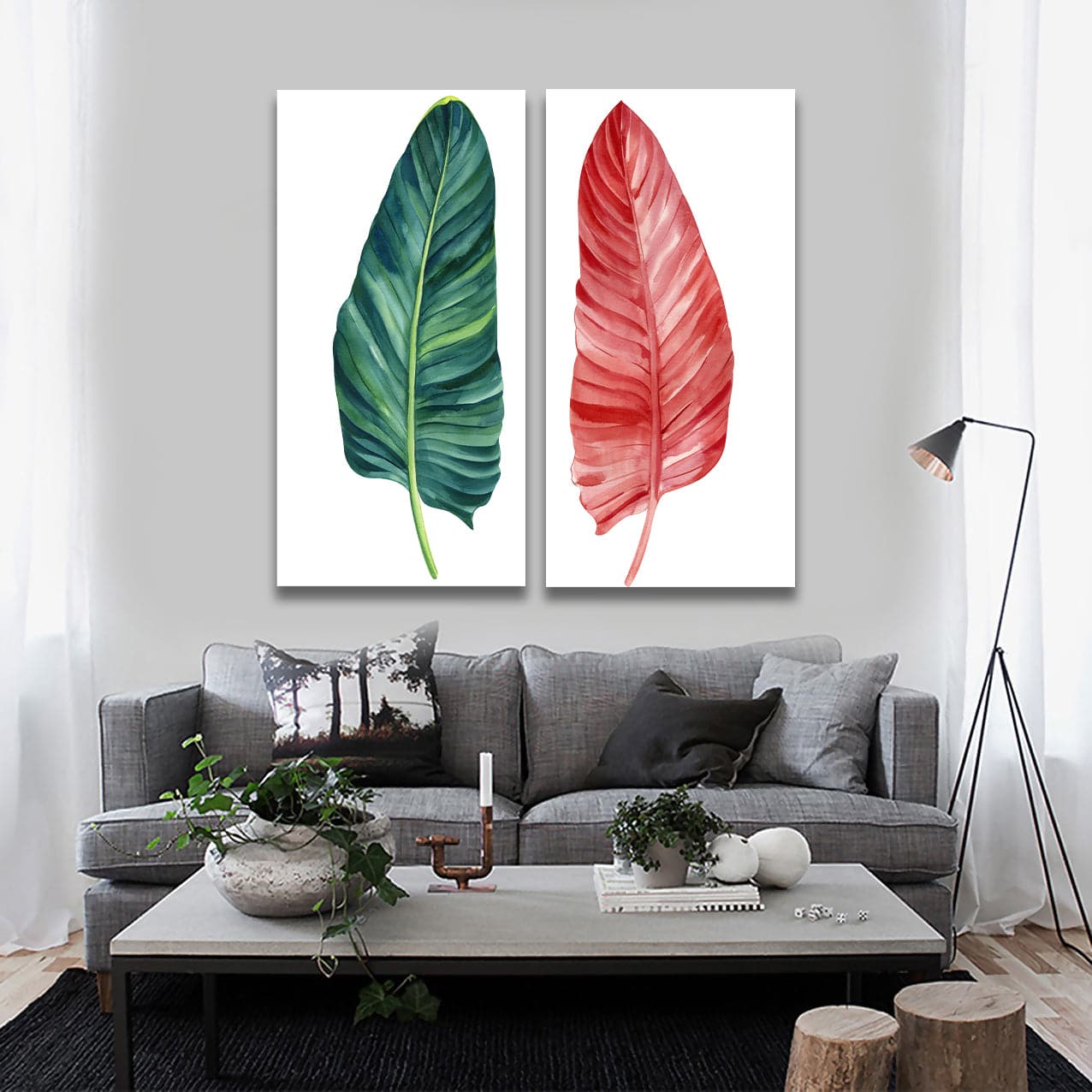 Framed 2 Panels - Red and Green Tropical Plant Leaves