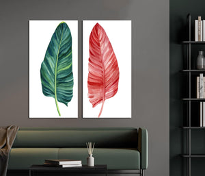 Framed 2 Panels - Red and Green Tropical Plant Leaves