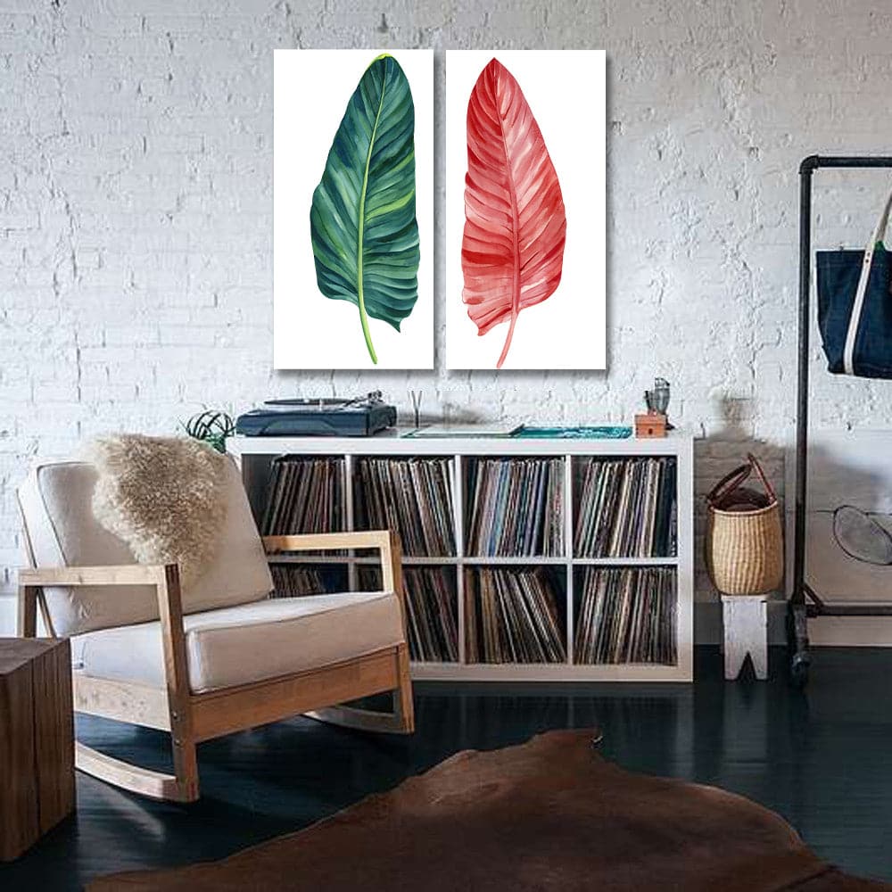 Framed 2 Panels - Red and Green Tropical Plant Leaves