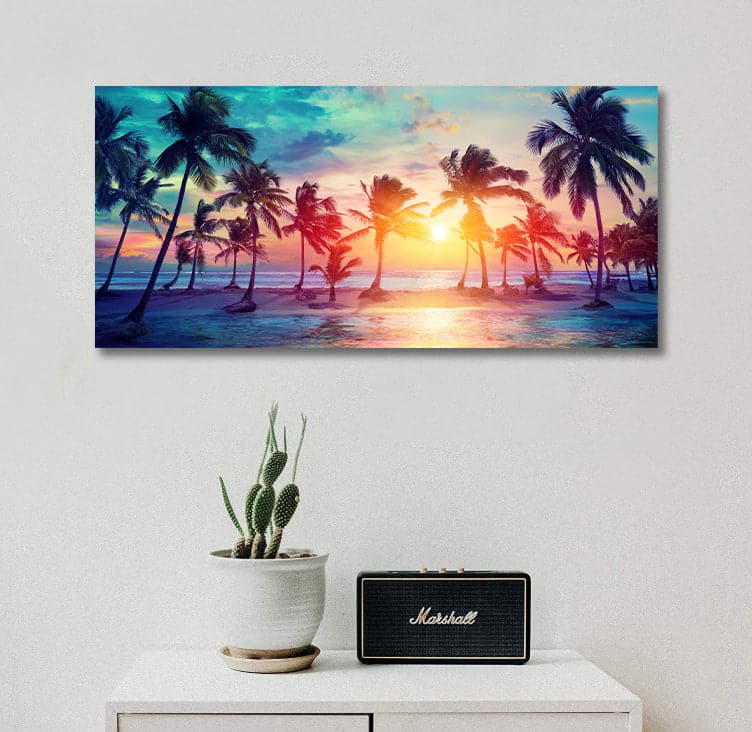 Pine Stretched  Framed 1 Panel - Palm Trees Silhouettes On Tropical Beach