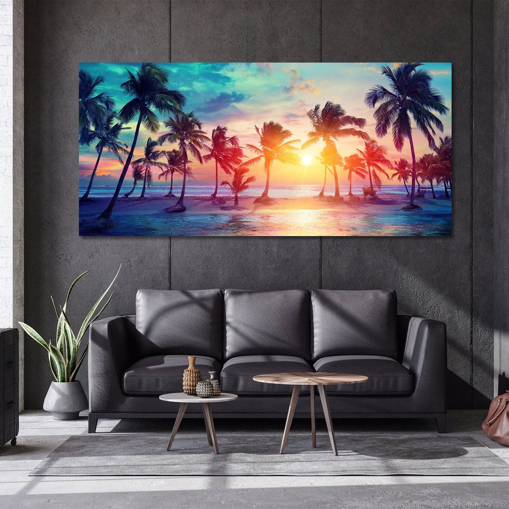 Pine Stretched  Framed 1 Panel - Palm Trees Silhouettes On Tropical Beach