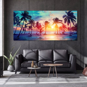 Pine Stretched  Framed 1 Panel - Palm Trees Silhouettes On Tropical Beach