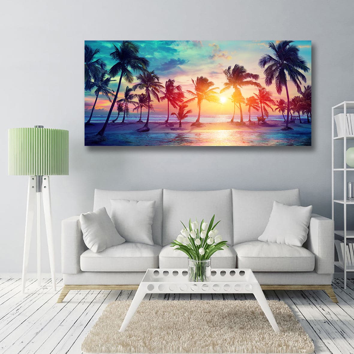 Pine Stretched  Framed 1 Panel - Palm Trees Silhouettes On Tropical Beach