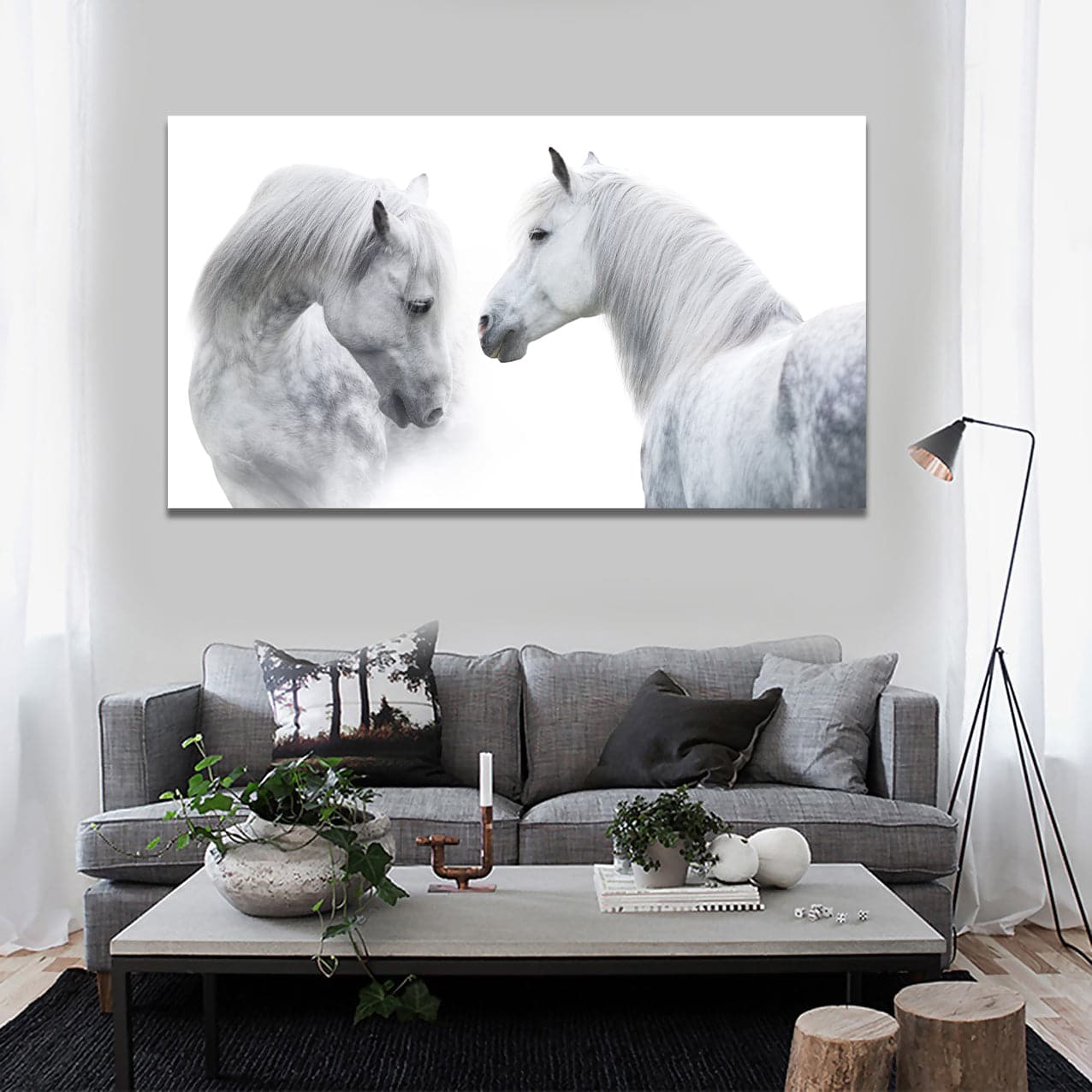 Pine Stretched  Framed 1 Panel - White Horses
