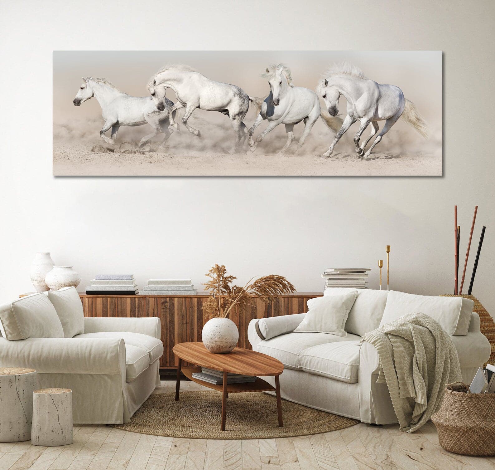 Modern Animal Canvas Wall Art Print Poster | Home Decor | Stretched 1 Panel - White Horse Herd Run