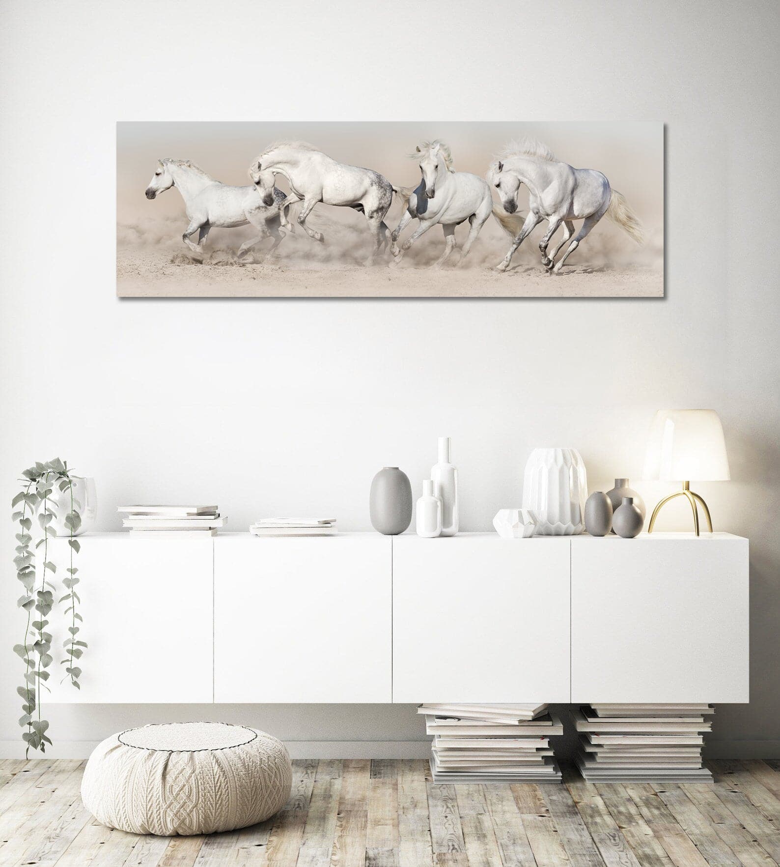 Modern Animal Canvas Wall Art Print Poster | Home Decor | Stretched 1 Panel - White Horse Herd Run