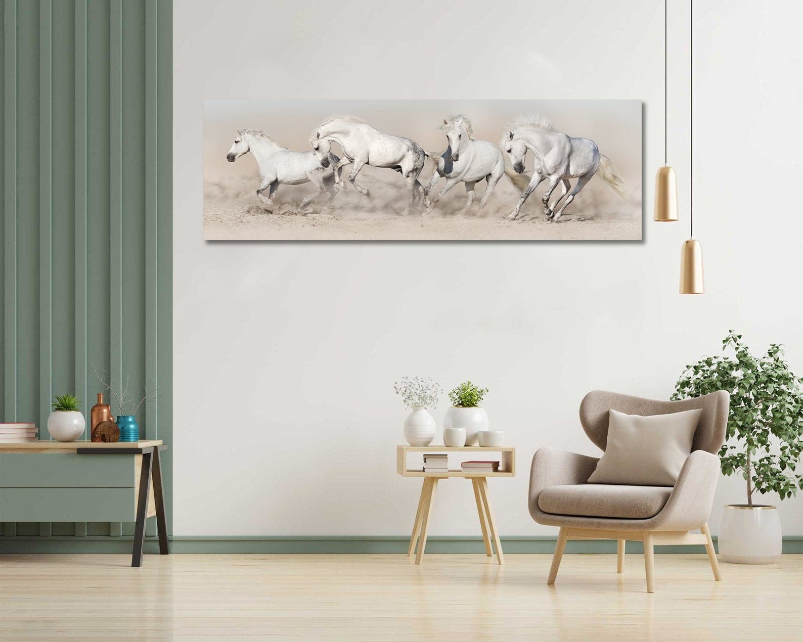 Modern Animal Canvas Wall Art Print Poster | Home Decor | Stretched 1 Panel - White Horse Herd Run