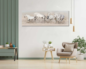 Modern Animal Canvas Wall Art Print Poster | Home Decor | Stretched 1 Panel - White Horse Herd Run