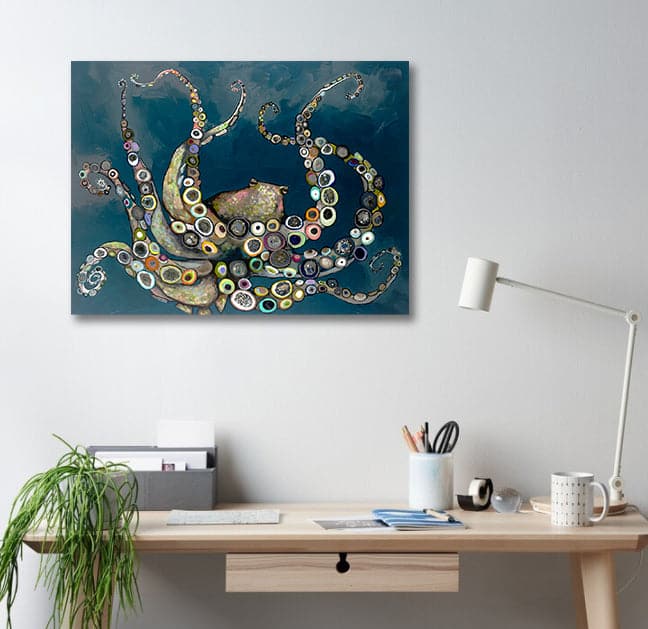 Pine Stretched  Framed 1 Panel - Octopus In The Deep Sea