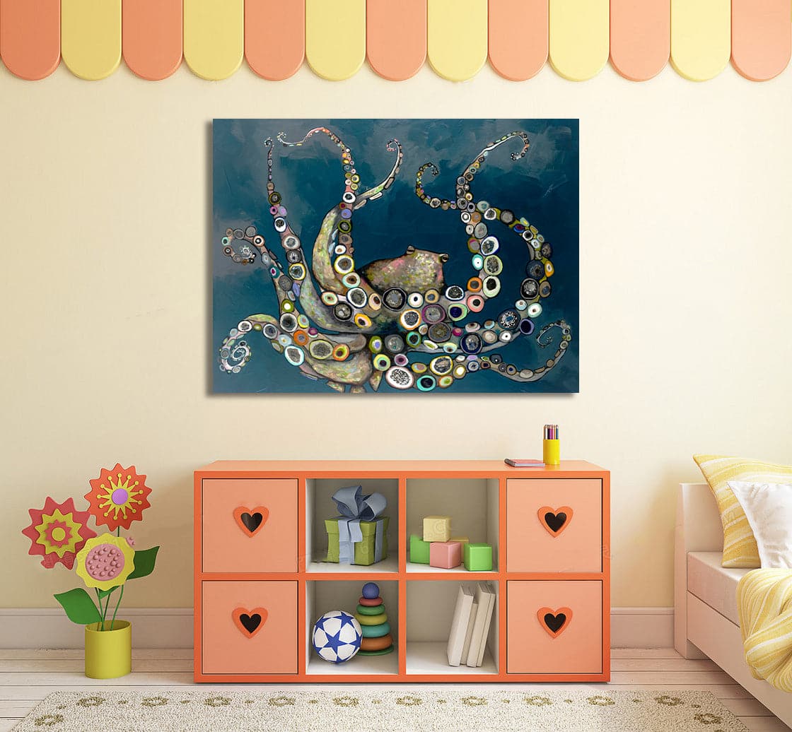 Pine Stretched  Framed 1 Panel - Octopus In The Deep Sea