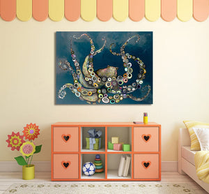 Pine Stretched  Framed 1 Panel - Octopus In The Deep Sea