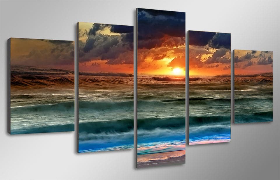Framed 5 Panels - Sunset on the beach