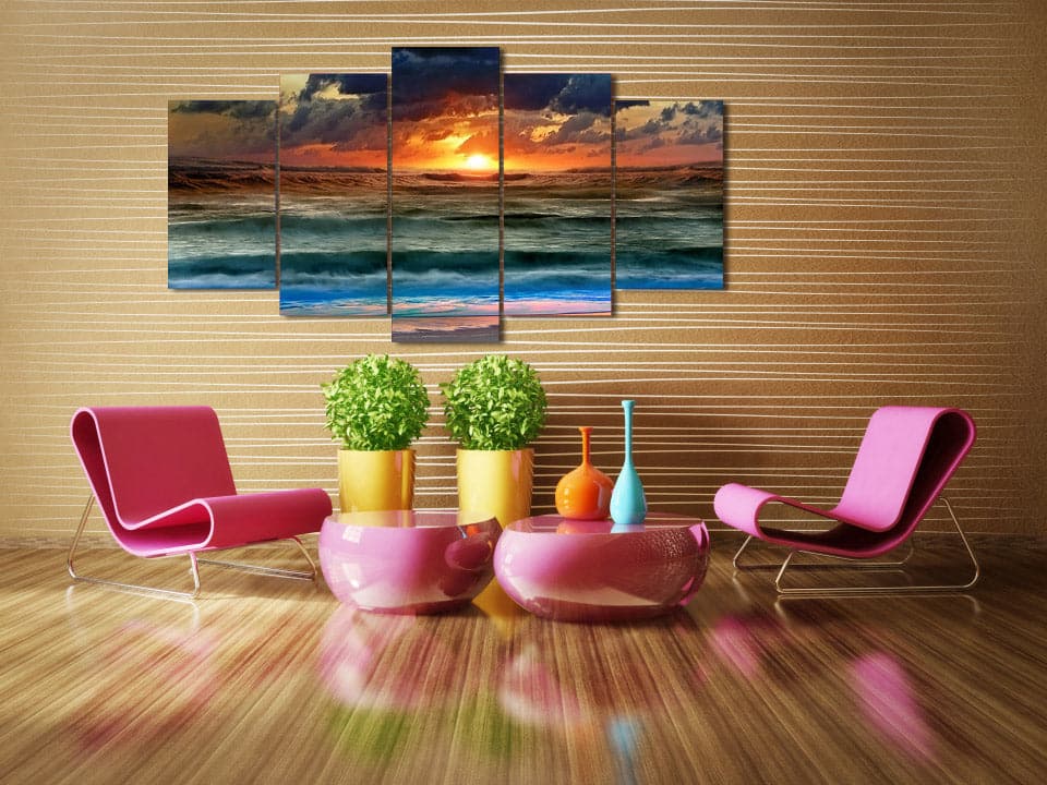 Framed 5 Panels - Sunset on the beach