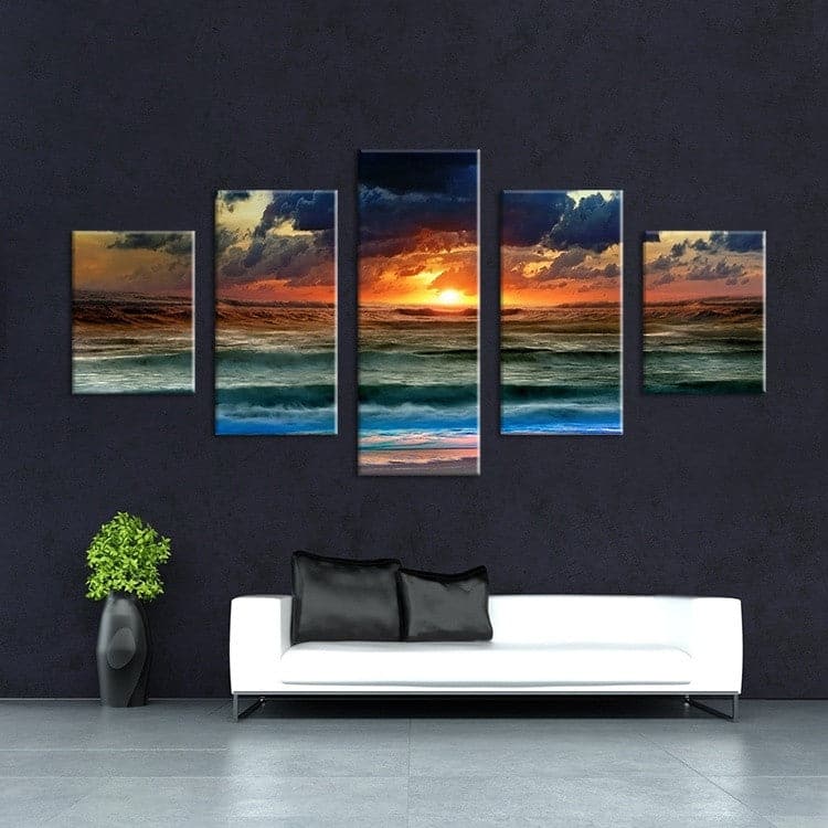 Framed 5 Panels - Sunset on the beach
