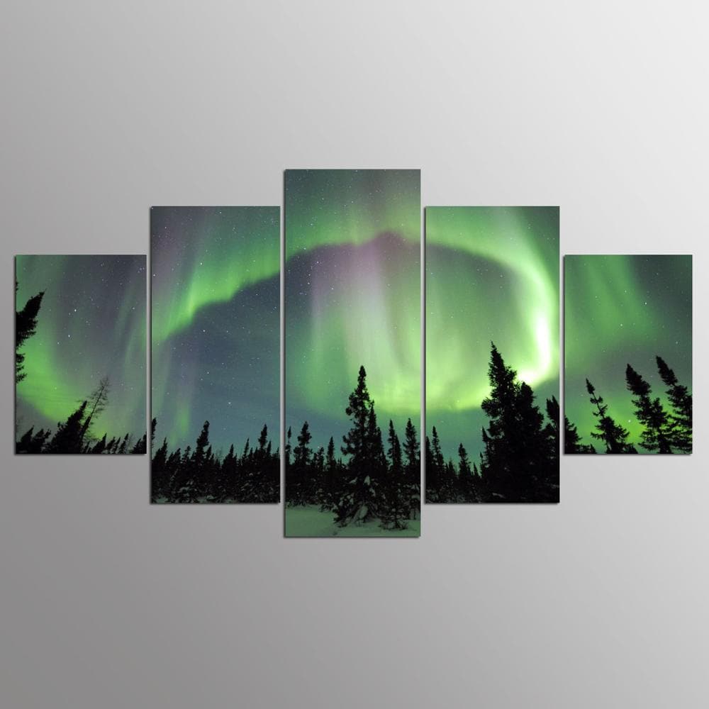 Pine Stretched  Framed 5 Panels - Northern lights