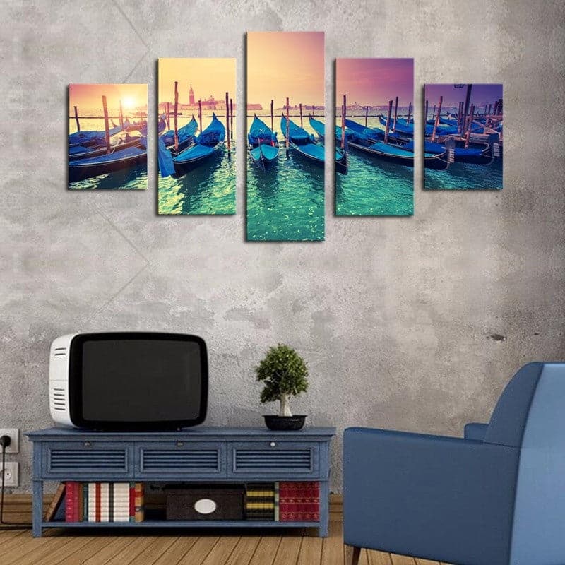 Pine Stretched  Framed 5 Panels - Boats