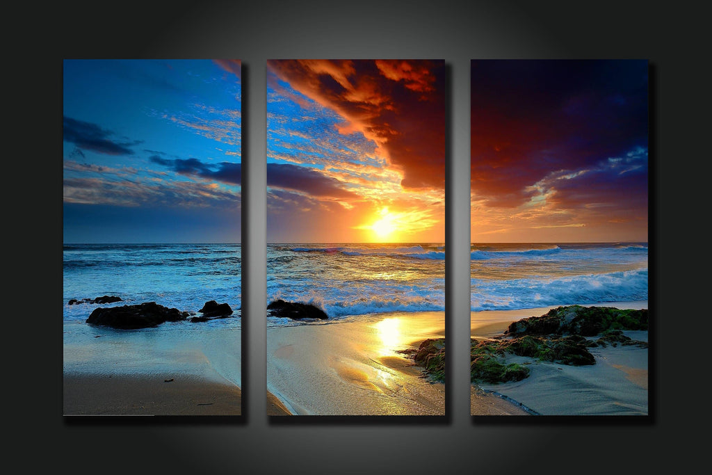 Pine Stretched  Framed 3 Panels - Sunset on the beach