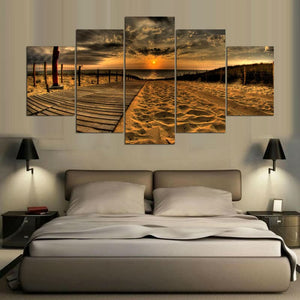 Framed 5 Panels - Sunset on the beach