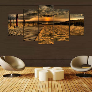 Framed 5 Panels - Sunset on the beach