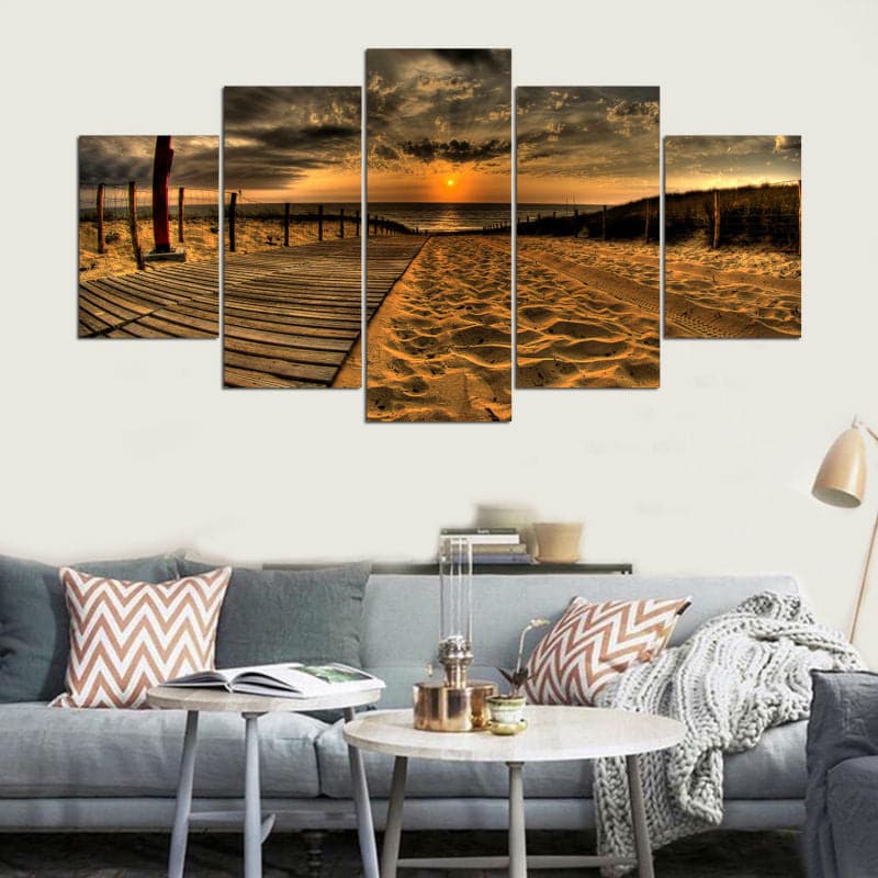 Framed 5 Panels - Sunset on the beach