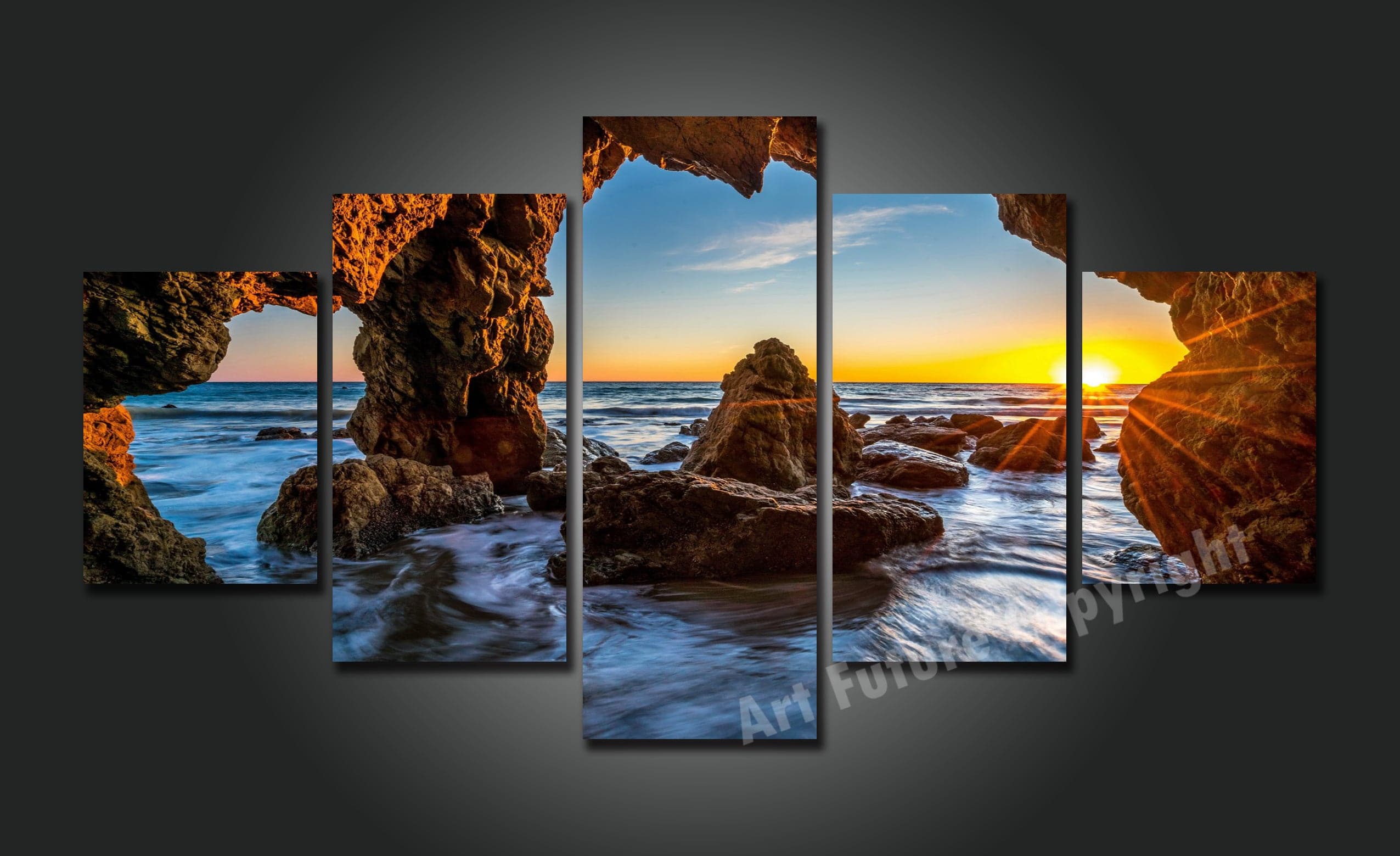 Framed 5 Panels - Sunrise on New Zealand Beach
