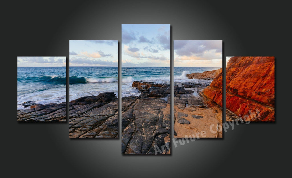 Pine Stretched  Framed 5 Panels - Auckland Whatipu Beach
