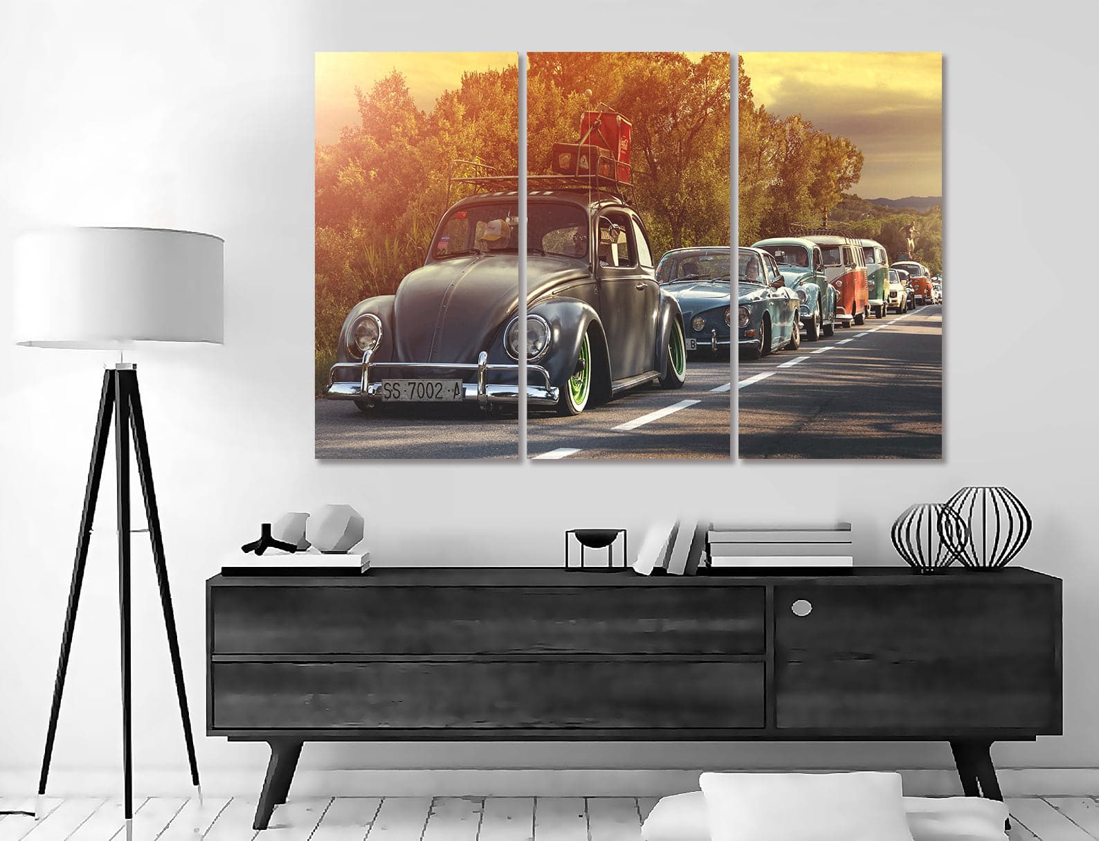 Pine Stretched  Framed 3 Panels - Classic Cars
