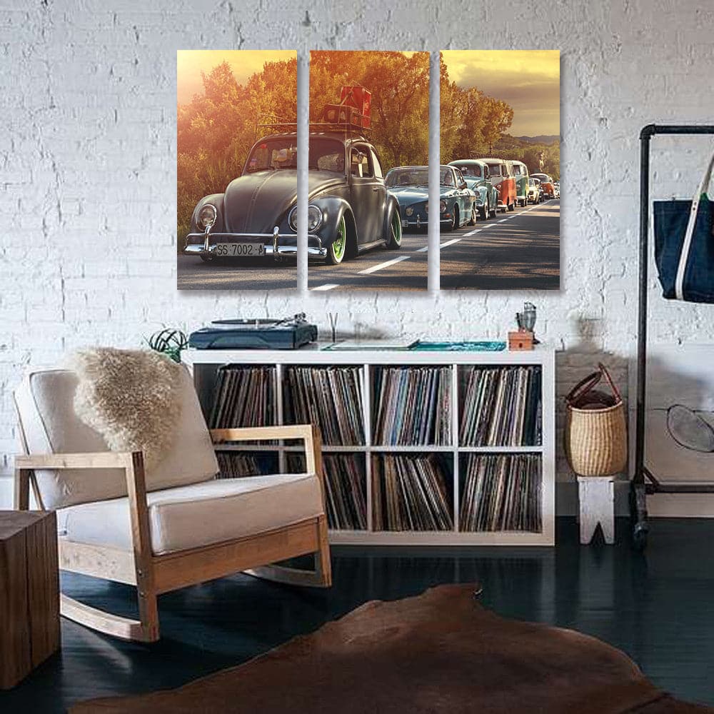 Pine Stretched  Framed 3 Panels - Classic Cars