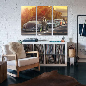 Pine Stretched  Framed 3 Panels - Classic Cars