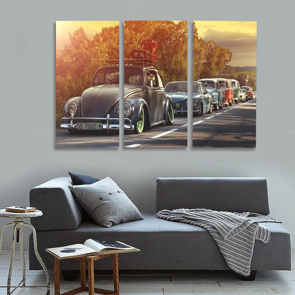 Pine Stretched  Framed 3 Panels - Classic Cars